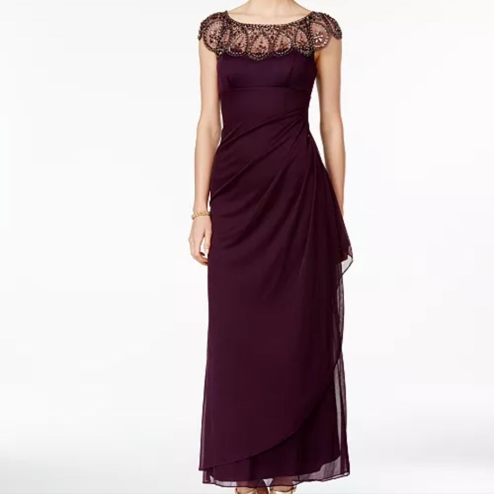 Xscape Plum Beaded Cap-Sleeve Maxi Dress